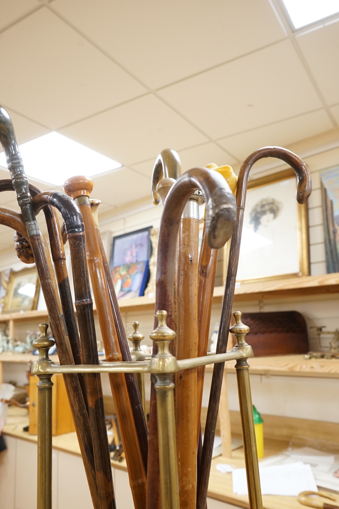 A collection of various walking sticks, some silver mounted and a brass stick stand, 67cm high